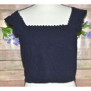 Ann Taylor Navy Scallop Square Neck Crop Top Size 10 Ruffle Linen Festival